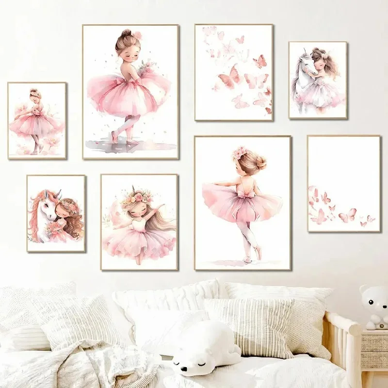 Baby Nursery Posters - Розовый постер с балериной, единорогом и