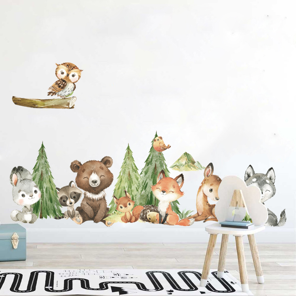 Baby Nursery Set Furniture - Мультяшная акварель, лес, животное, стикер на
