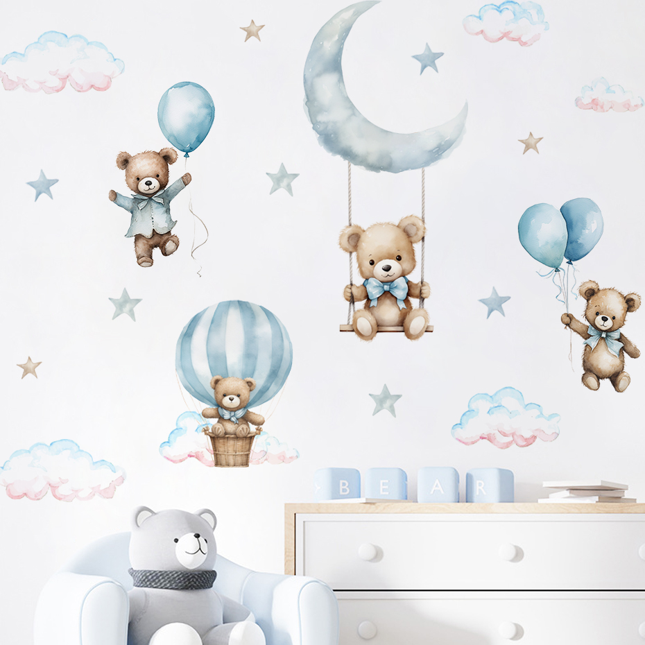 Baby Nursery Set Furniture - Акварельный медведь, воздушный шар, облако, наклейки