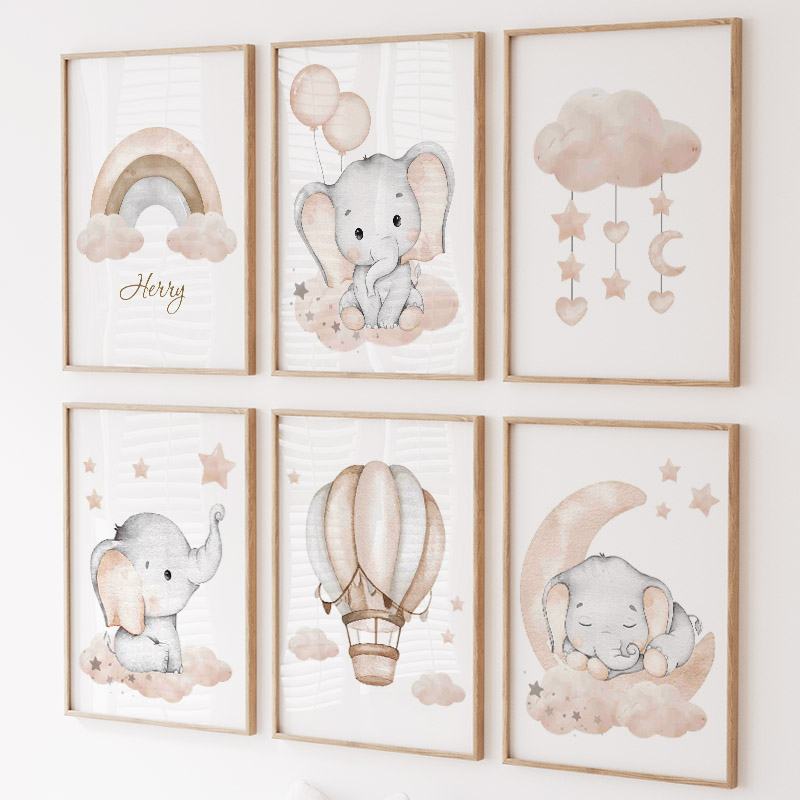 Baby Nursery Art - Милый слон, горячий воздушный шар, луна,